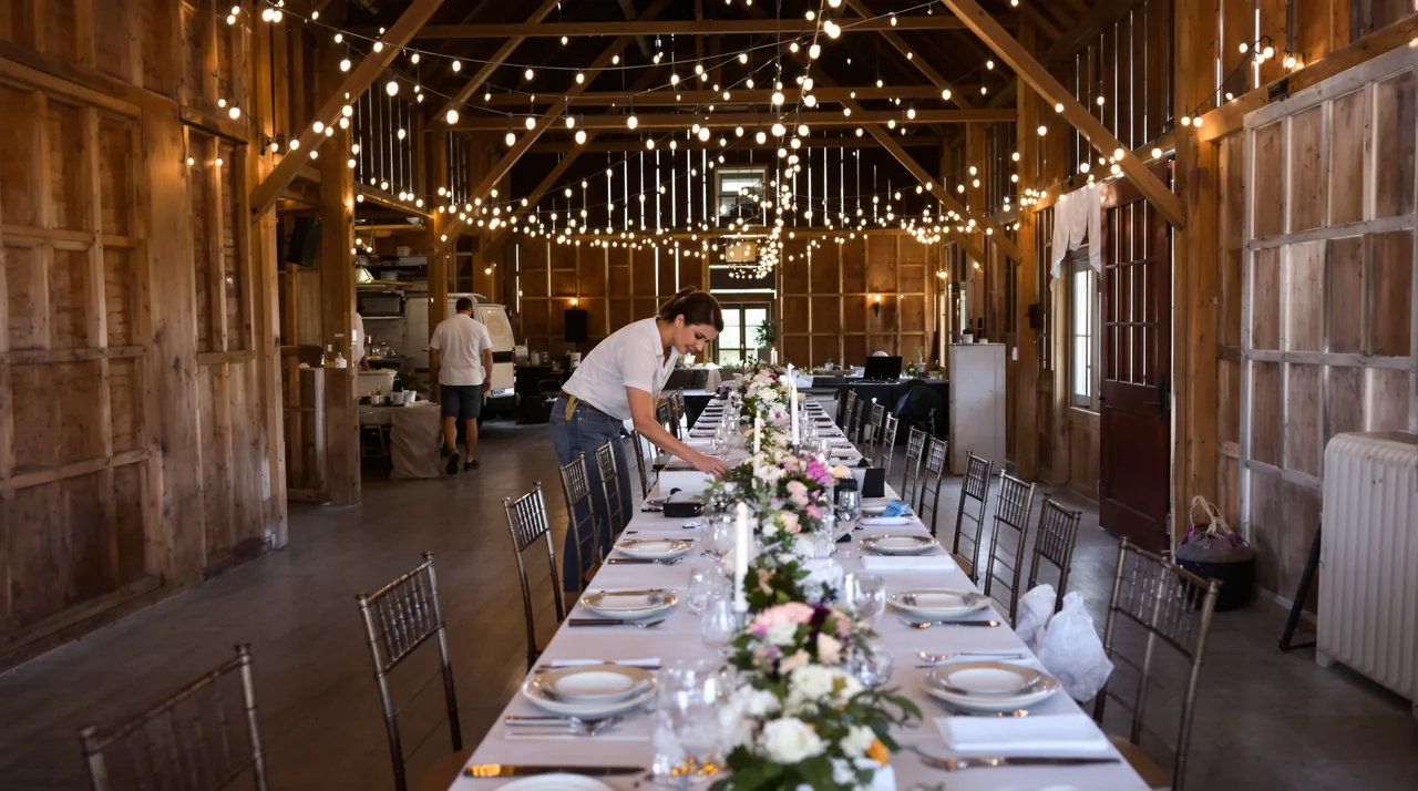 A planner setting a long table in a barn with string lights