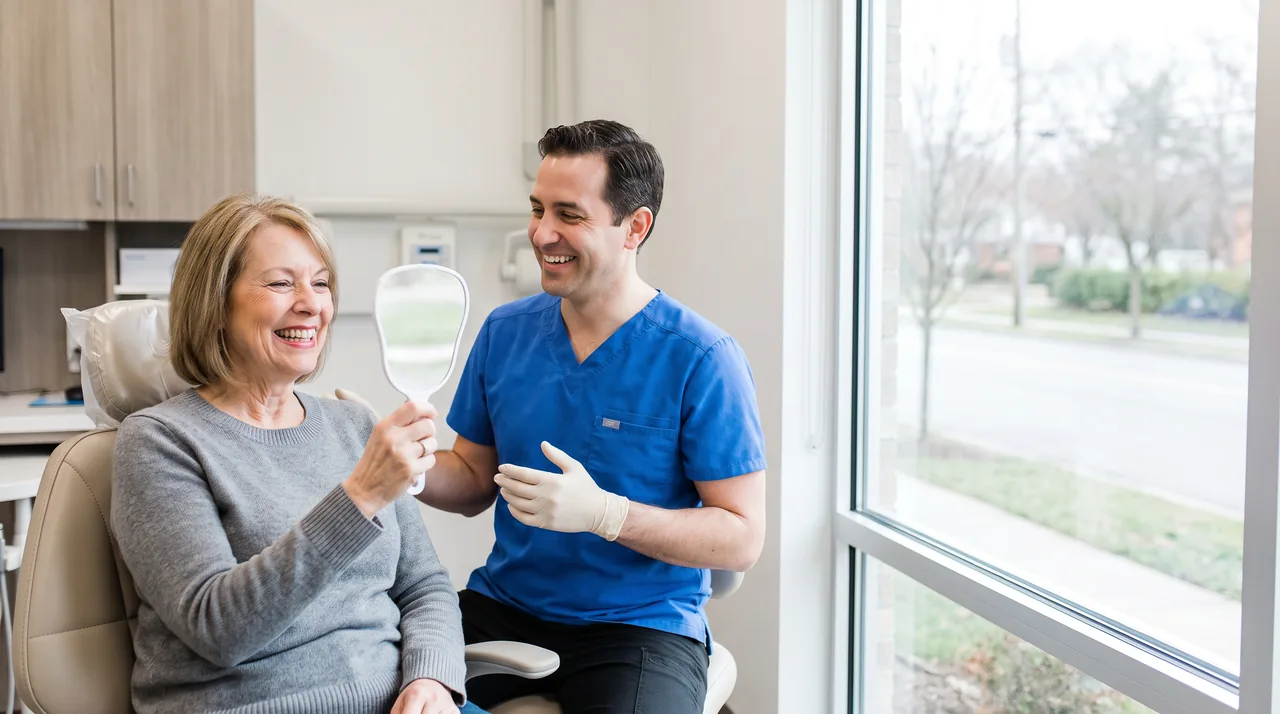 A dentist and a smiling patient looking in a mirror