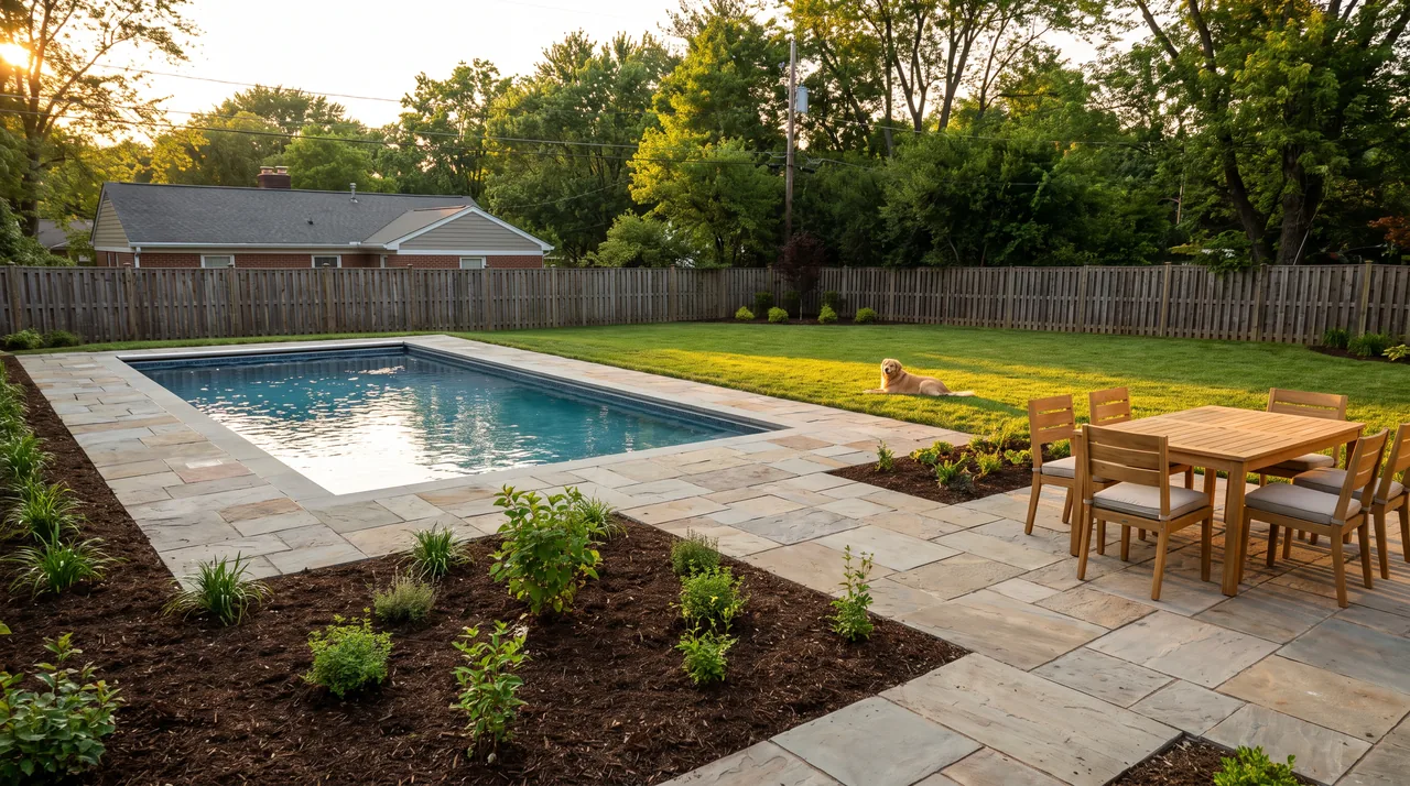 A new backyard pool and stone patio at sunset